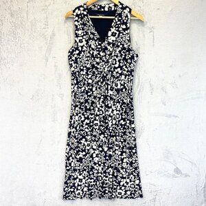 Tommy Hilfiger Floral Midi Dress Sz 14 Ruched Chest Navy Blue Sleeveless Slinky